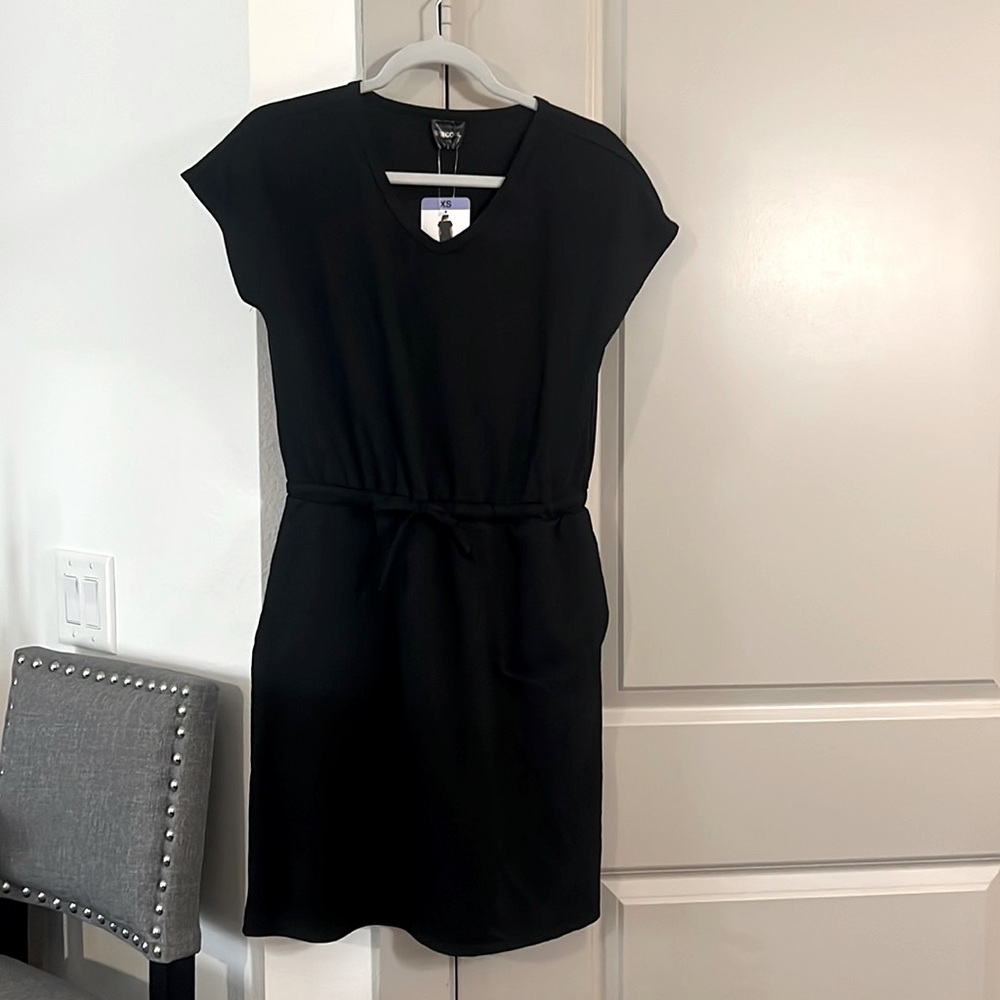 New black T-shirt dress with drawstring at the waist